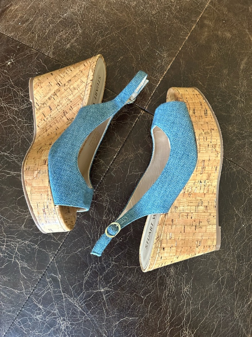 Stuart Weitzman Riveria Denim Slingback Cork Wedge Sandals
